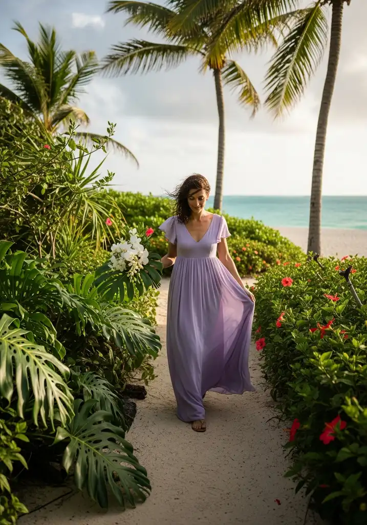 Woman in lavender Empire waist dress with flutter sleeves