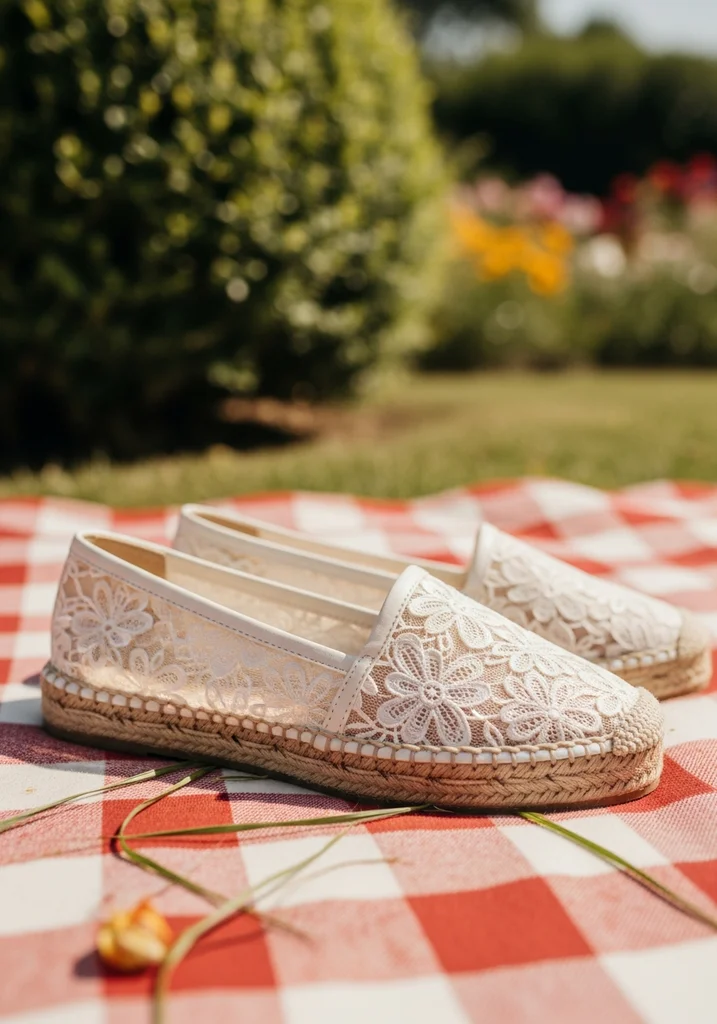 Ivory lace espadrille flats with jute sole, perfect for an outdoor or bohemian wedding.
