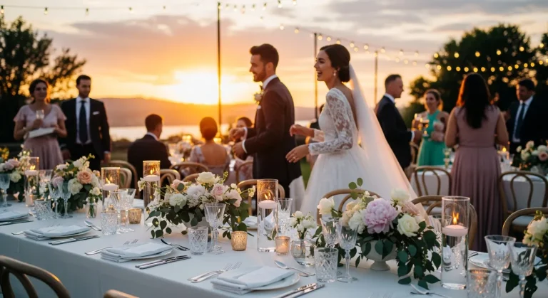 Top 17 Textured Summer Wedding Guest Dresses 19 Outdoor wedding reception at sunset with guests