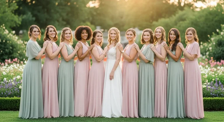 Chic Tiered Summer Wedding Guest Dresses for Every Style 18 Women in various elegant tiered summer wedding guest dresses at an outdoor reception