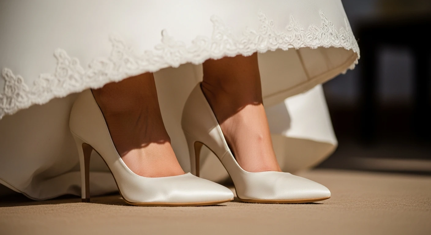 Bride's feet in elegant ivory satin stiletto pumps beneath a flowing white wedding dress