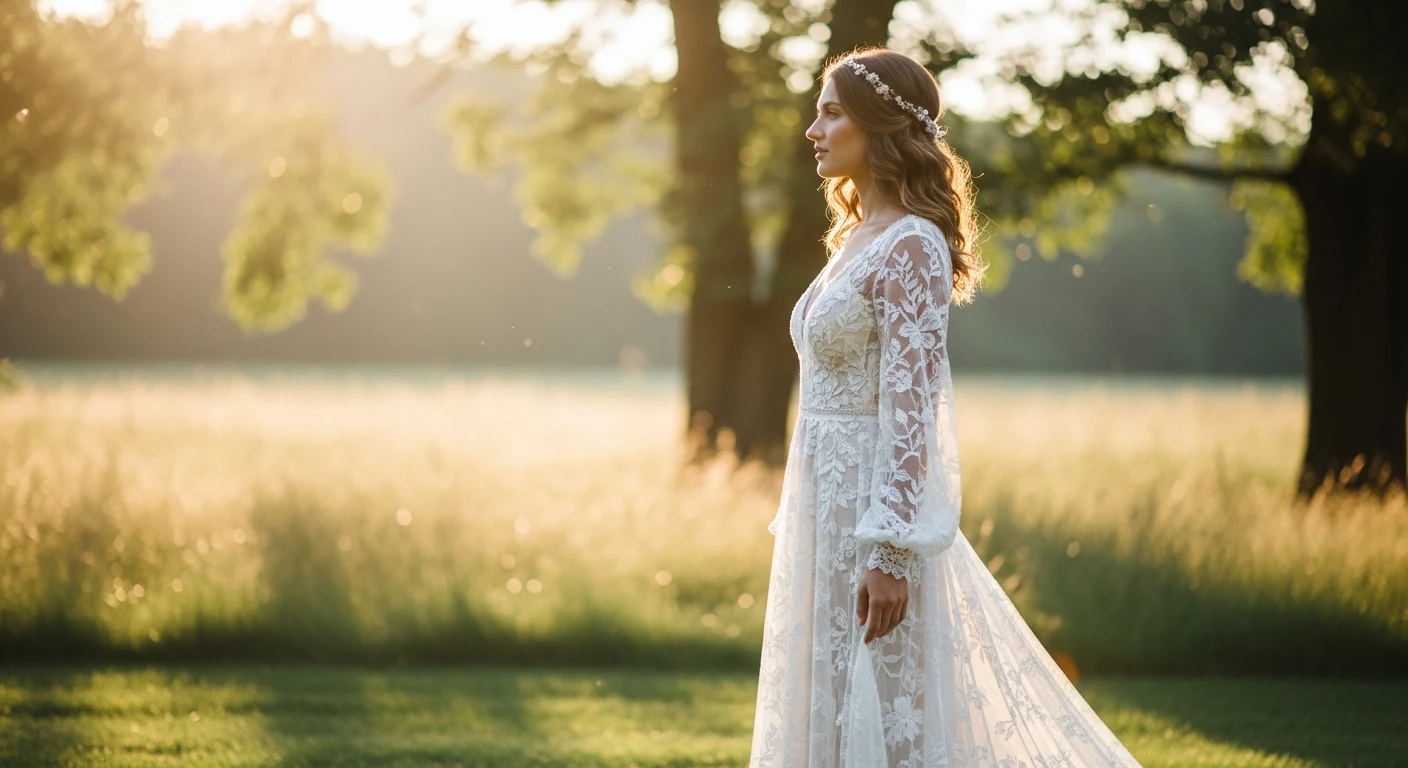 Bride in a bohemian wedding dress on a floral swing, showcasing her elegant bridal shoes.