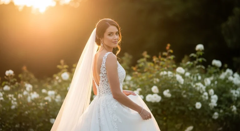 Top 17 Bridal Block Heel Shoes for Your Wedding Day 28 Bride in white gown walking on garden path, showcasing ivory block heel sandals.