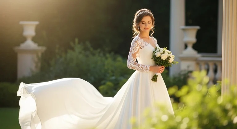 Effortless Elegance: Top 17 Bridal Flats and Sandals 29 Bride in white dress wearing elegant white flat sandals walking on cobblestone.
