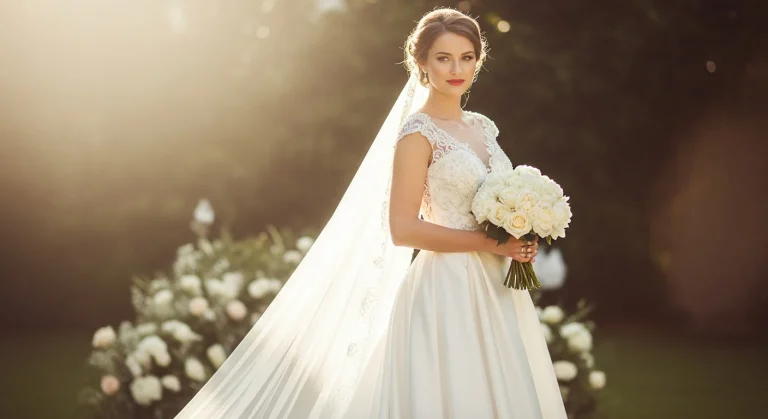 Top 23 Bridal Flats for Your Wedding Day Comfort and Style 31 Bride in white gown walking outdoors, showcasing elegant and comfortable white bridal flats on a cobblestone path.