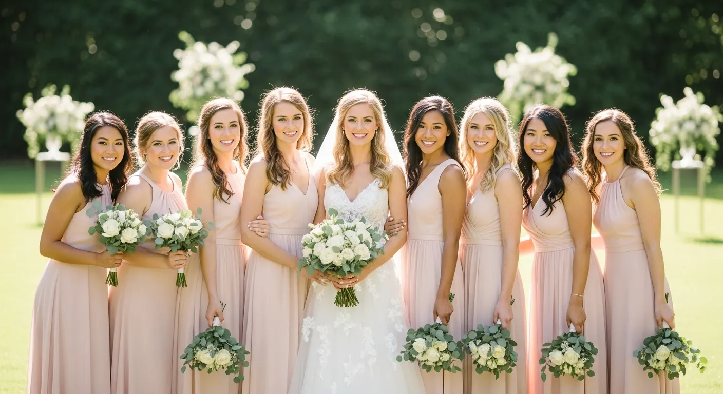 21 Chic Cotton Summer Wedding Guest Dresses 1 Group of women in stylish cotton summer wedding guest dresses at an outdoor reception.