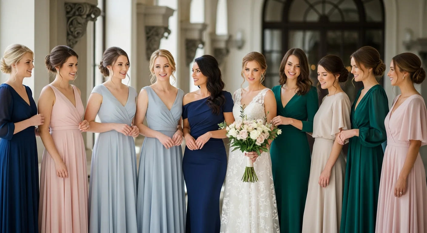 15 Flowy Summer Wedding Guest Dresses for Effortless Style 1 Group of women in diverse flowy summer wedding guest dresses, celebrating in a beautiful garden.