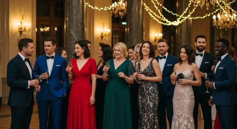 19 Linen Summer Wedding Guest Dresses for Effortless Style 70 Group of diverse guests in elegant linen summer dresses at an outdoor garden wedding reception