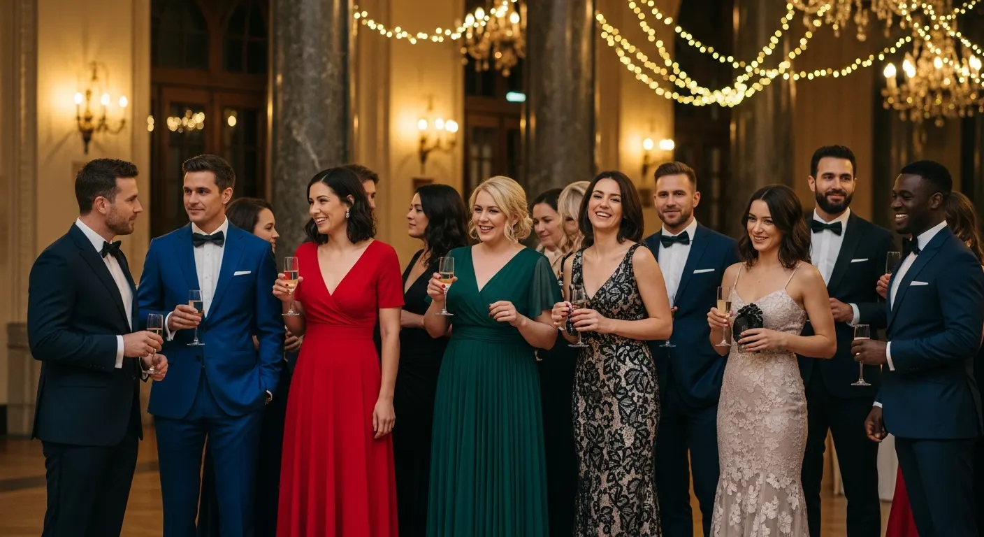 Group of diverse guests in elegant linen summer dresses at an outdoor garden wedding reception