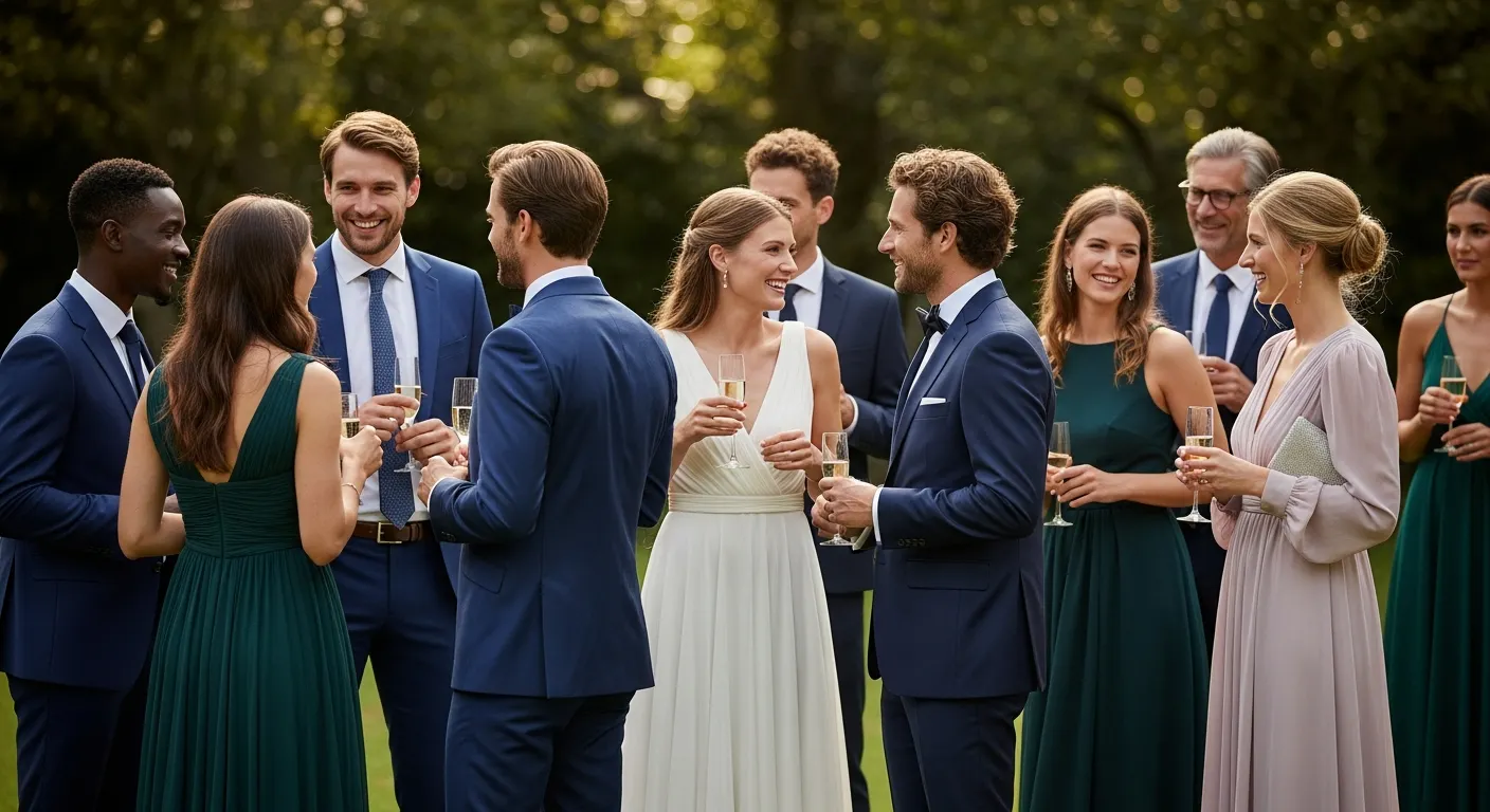 Diverse guests in luxury summer wedding dresses enjoying an outdoor reception.