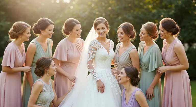 19 Pleated Summer Wedding Guest Dresses for Guests 75 Group of women in diverse pleated summer wedding guest dresses, enjoying an outdoor reception.