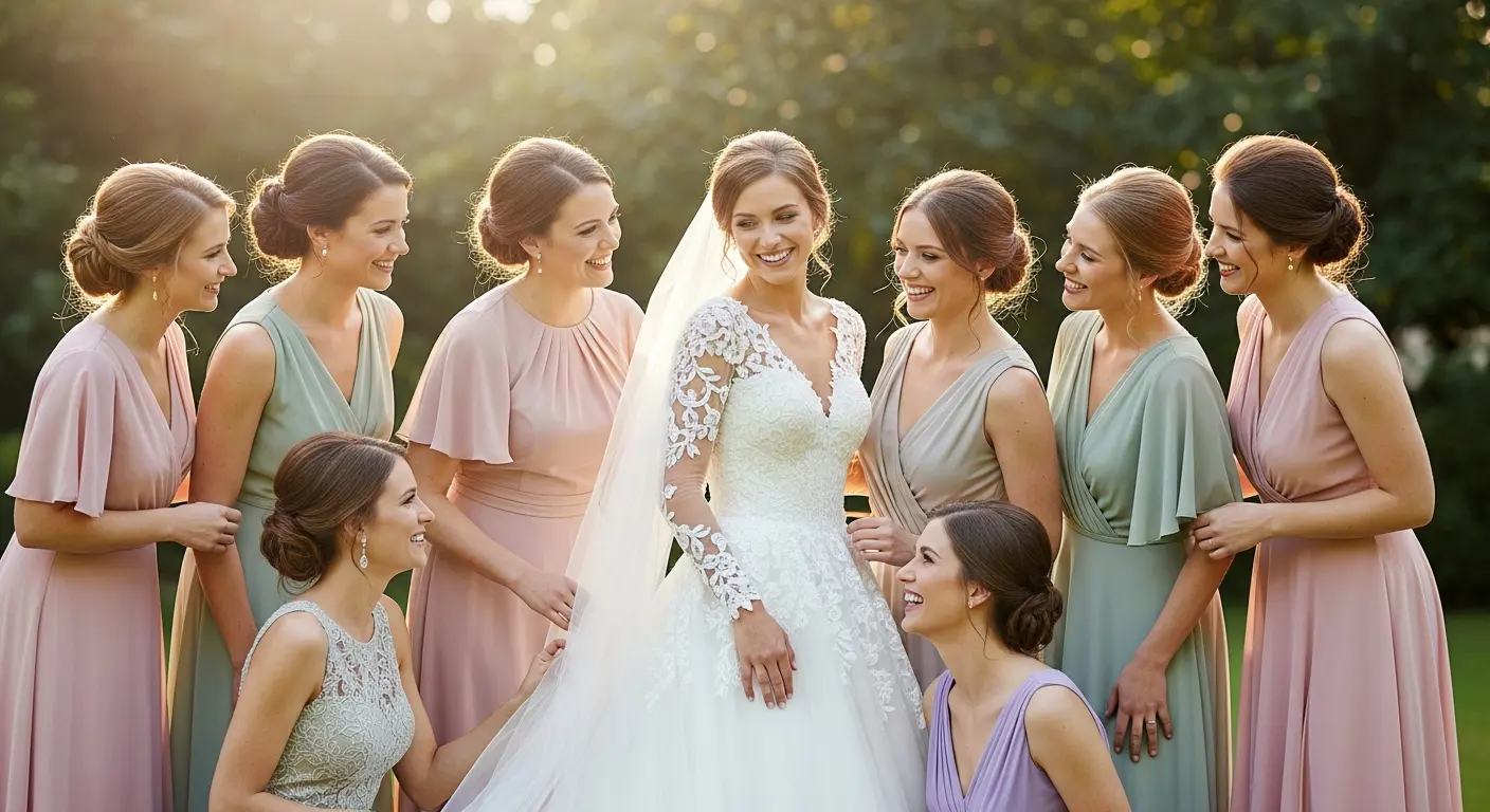 Group of women in diverse pleated summer wedding guest dresses, enjoying an outdoor reception.