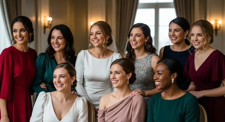 17 Affordable Summer Wedding Guest Dresses 20 Group of women in elegant, colorful summer wedding guest dresses at an outdoor reception