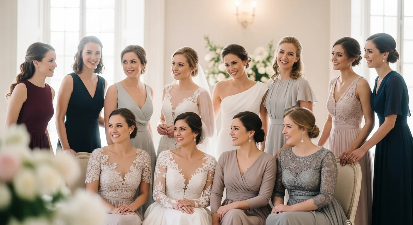 Women in elegant scarf detail summer wedding guest dresses at an outdoor reception