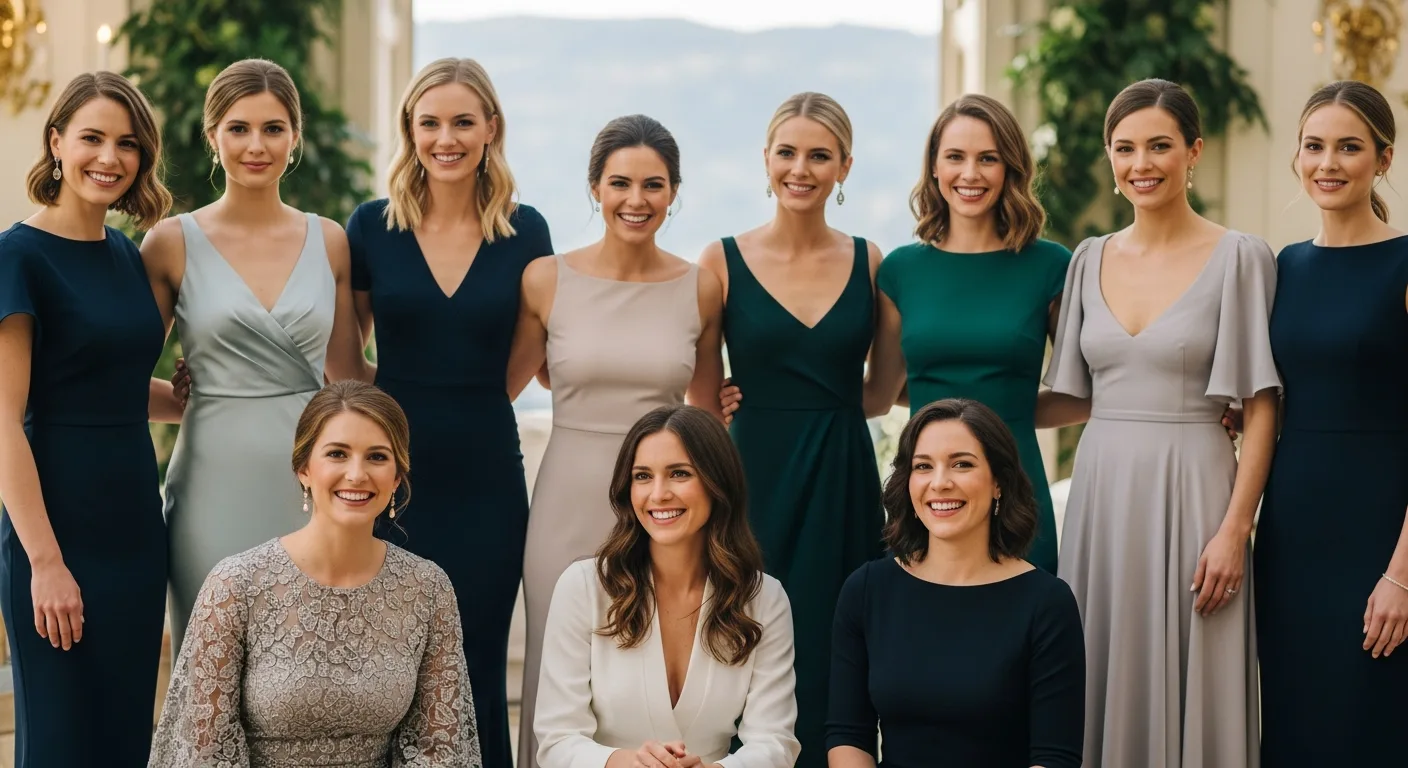 Group of guests in semi formal summer wedding guest dresses celebrating at an outdoor garden party