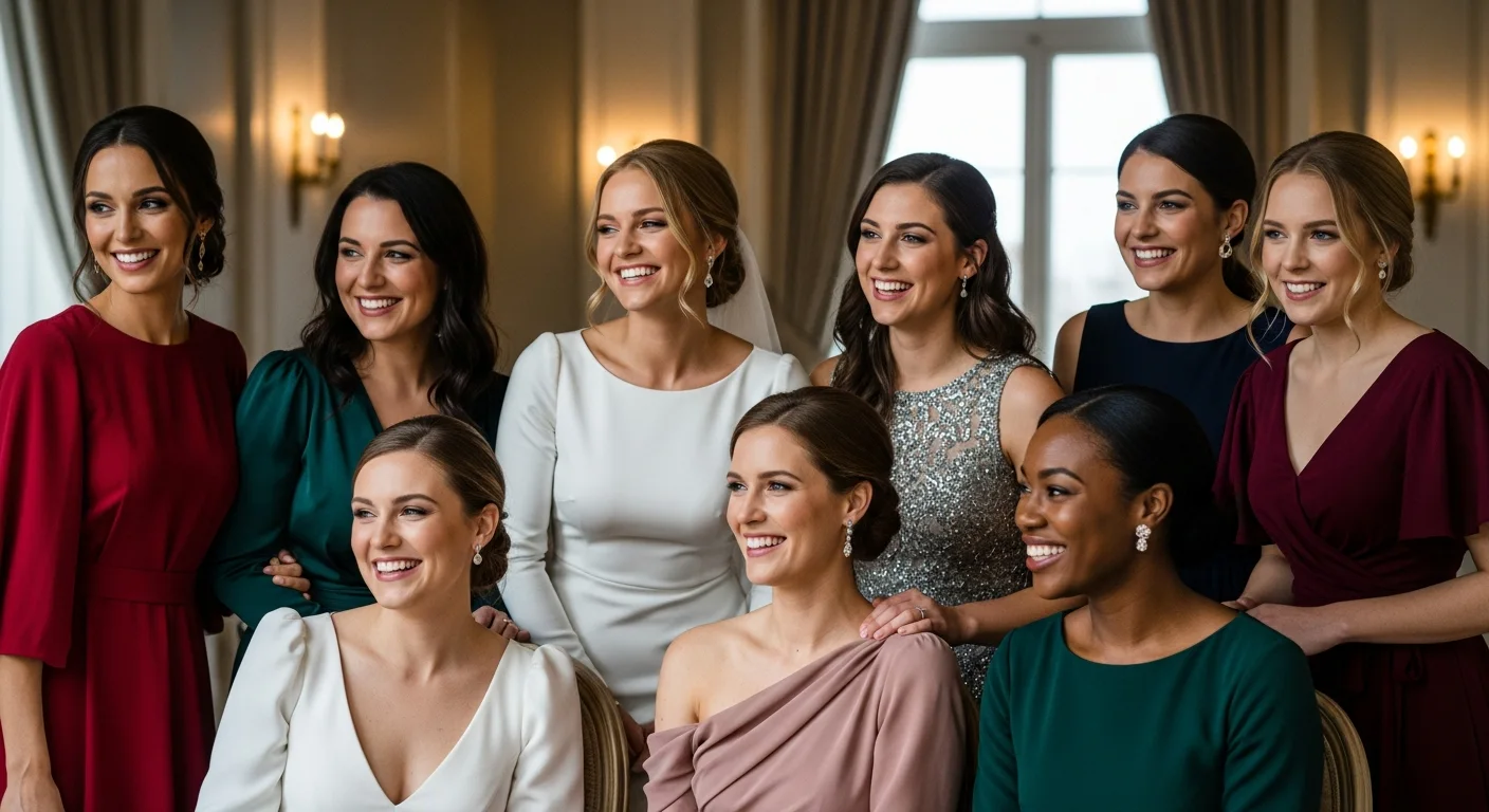 Group of women in elegant, colorful summer wedding guest dresses at an outdoor reception