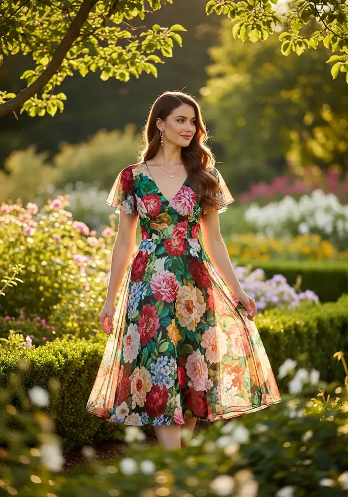 Woman in floral chiffon A-line midi dress with V-neckline, perfect for a summer garden wedding.