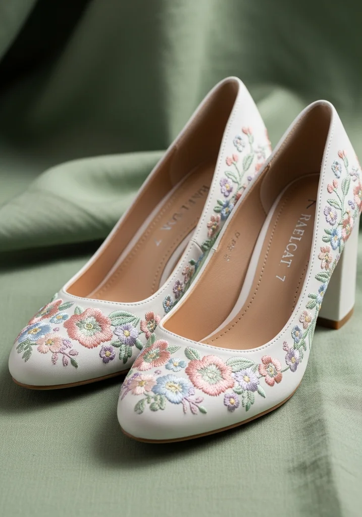 Top Block Heel Wedding Shoes for Comfort and Style 13 White block heel pumps with floral embroidery, adding a whimsical touch.