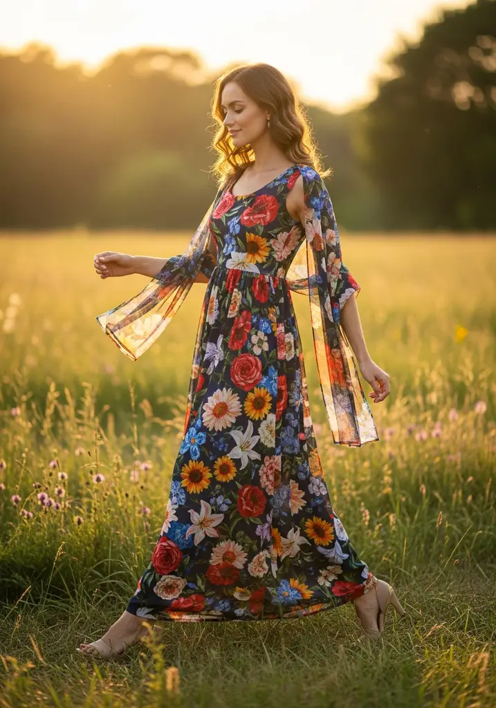 15 Scarf Detail Summer Wedding Guest Dresses 4 Woman in floral Empire maxi dress with sheer shoulder scarf