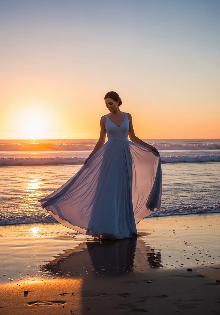 Woman in pale blue Chiffon A-line dress on beach at sunset