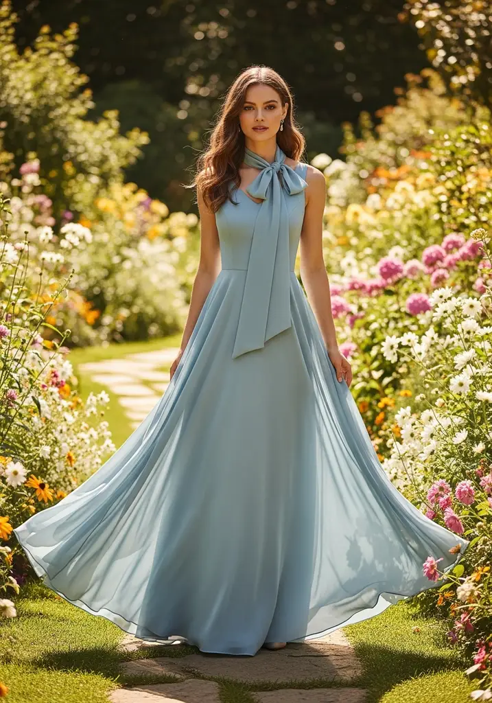 15 Scarf Detail Summer Wedding Guest Dresses 2 Woman in pale blue Chiffon A-line dress with neck scarf in a garden