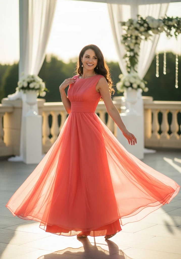 21 Semi Formal Summer Wedding Guest Dresses 14 Woman in flowy Organza A-line dress at a sunny patio wedding
