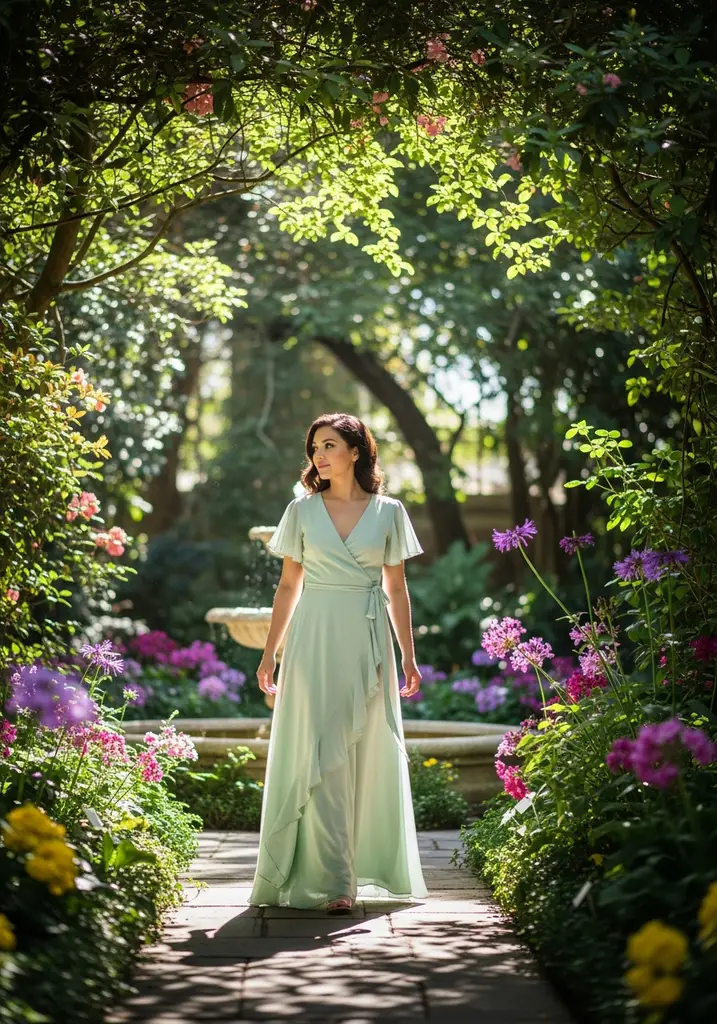 15 Flowy Summer Wedding Guest Dresses for Effortless Style 15 Woman in pastel green Flutter sleeve Georgette wrap dress, walking gracefully in a botanical garden.