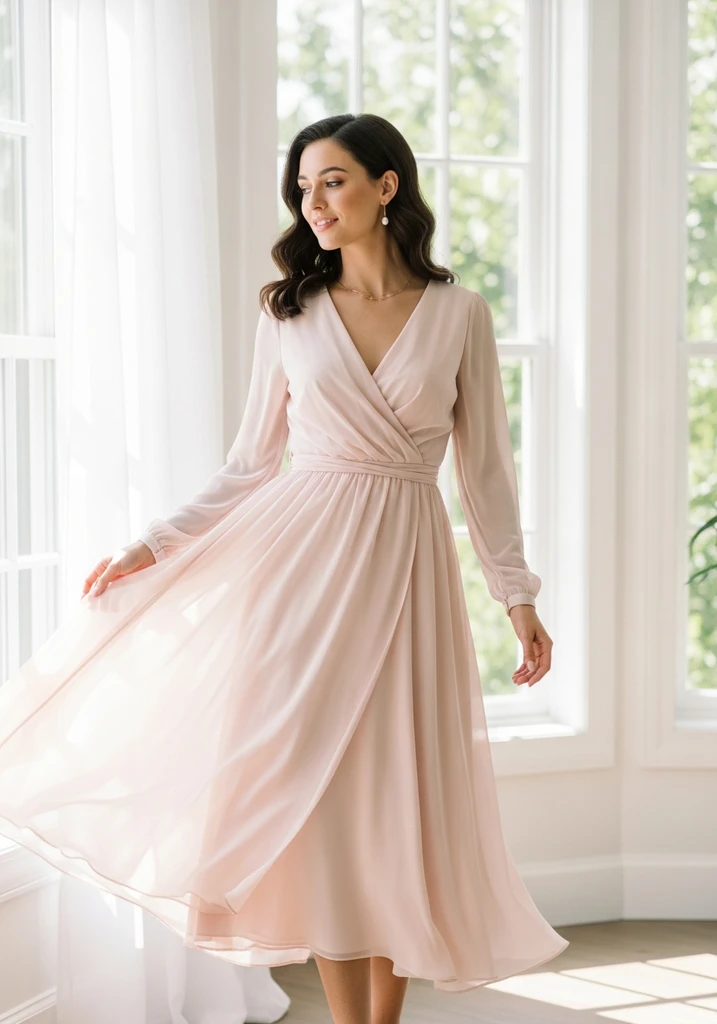 Woman in a flowing georgette wrap midi dress with V-neck, perfect for a versatile summer wedding look.