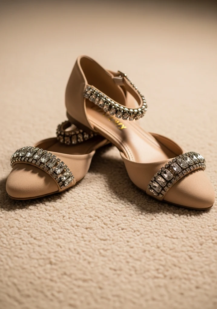 Glamorous nude rhinestone ankle strap flats.