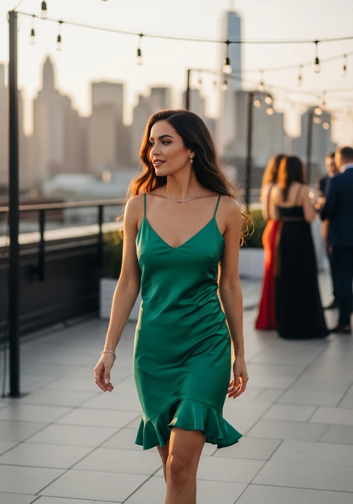 15 Flowy Summer Wedding Guest Dresses for Effortless Style 7 Woman in emerald green Satin slip dress with ruffled hem at a glamorous rooftop wedding reception.