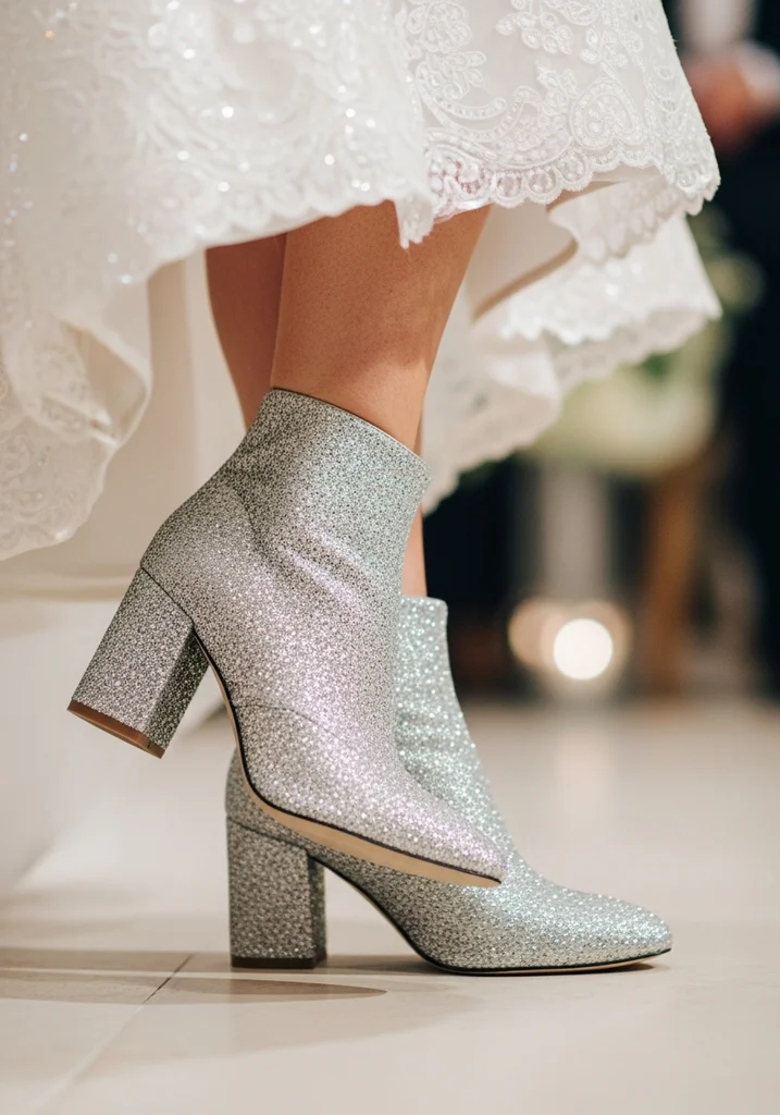 Top 17 Bridal Block Heel Shoes for Your Wedding Day 16 Sparkling glitter block heel bootie.