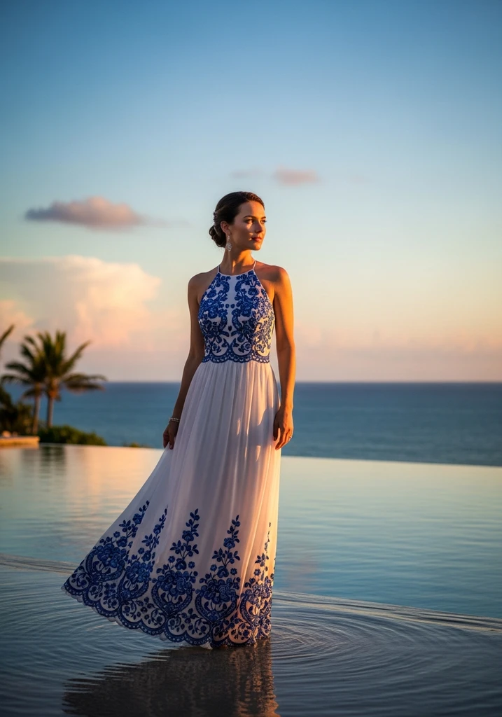 Woman in embroidered Halter neck maxi dress by pool