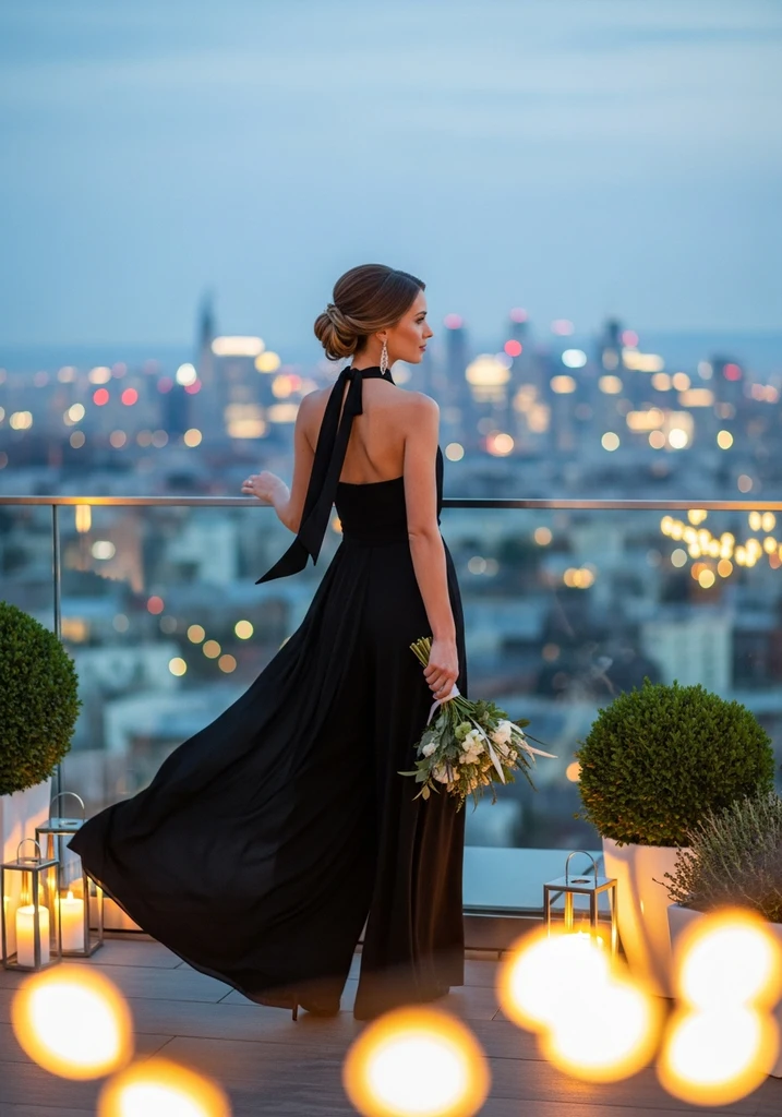 Woman in a black Halter neckline jumpsuit for a wedding guest