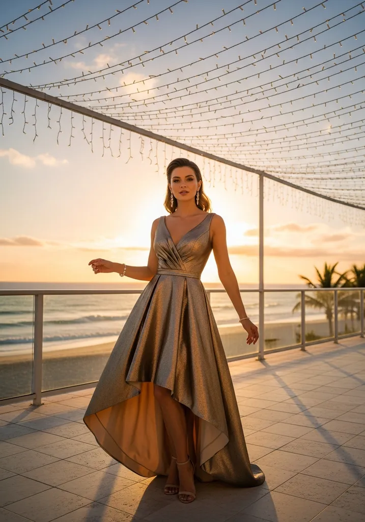 Woman in gold High-Low hem cocktail dress on terrace