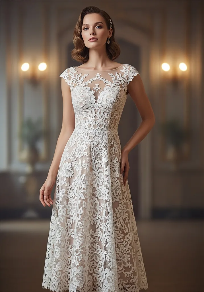 Elegant woman in an illusion bodice lace midi dress with bateau neckline, perfect for a romantic summer wedding.