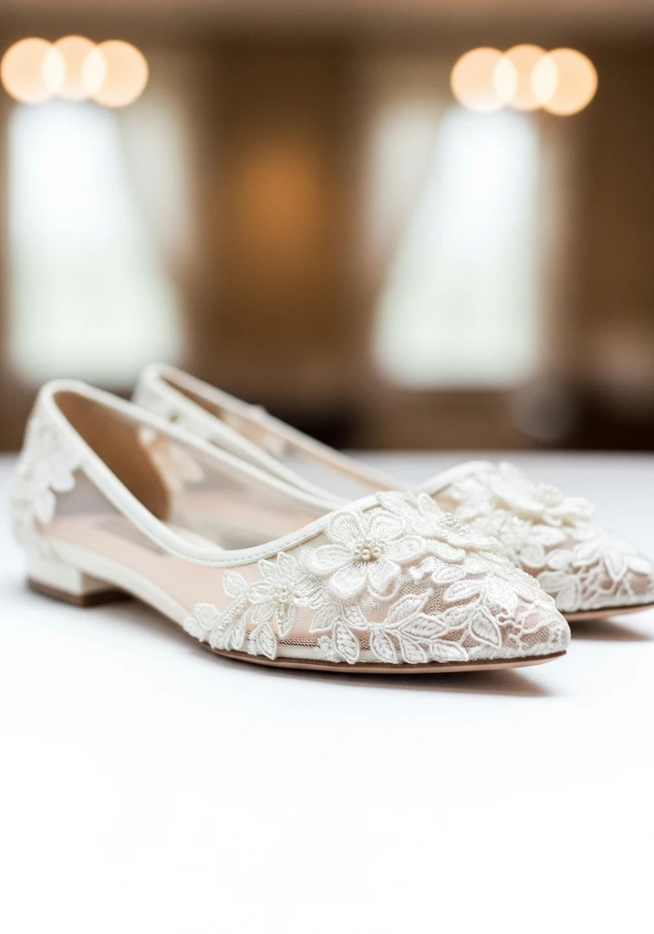 Ivory illusion lace flats with intricate floral appliqués, creating a captivating and unique look.