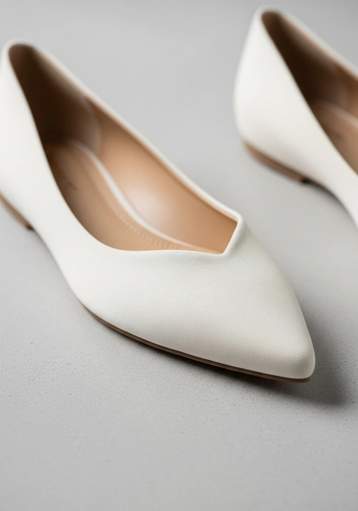Ivory crepe pointed toe flats with a matte finish, offering sophisticated minimalist style.