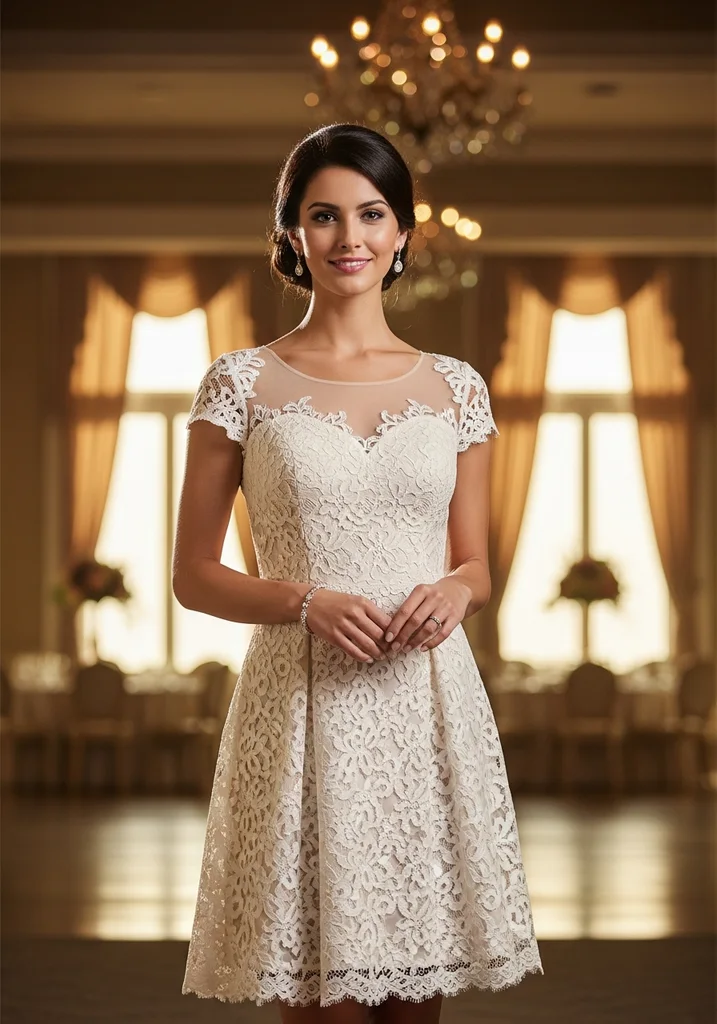 Elegant woman wearing a lace A-line cocktail dress with illusion neckline at an indoor wedding.
