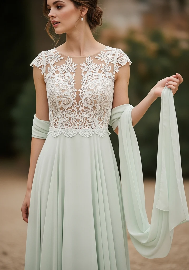 15 Scarf Detail Summer Wedding Guest Dresses 9 Woman in Lace bodice, Chiffon skirt dress with detachable scarf
