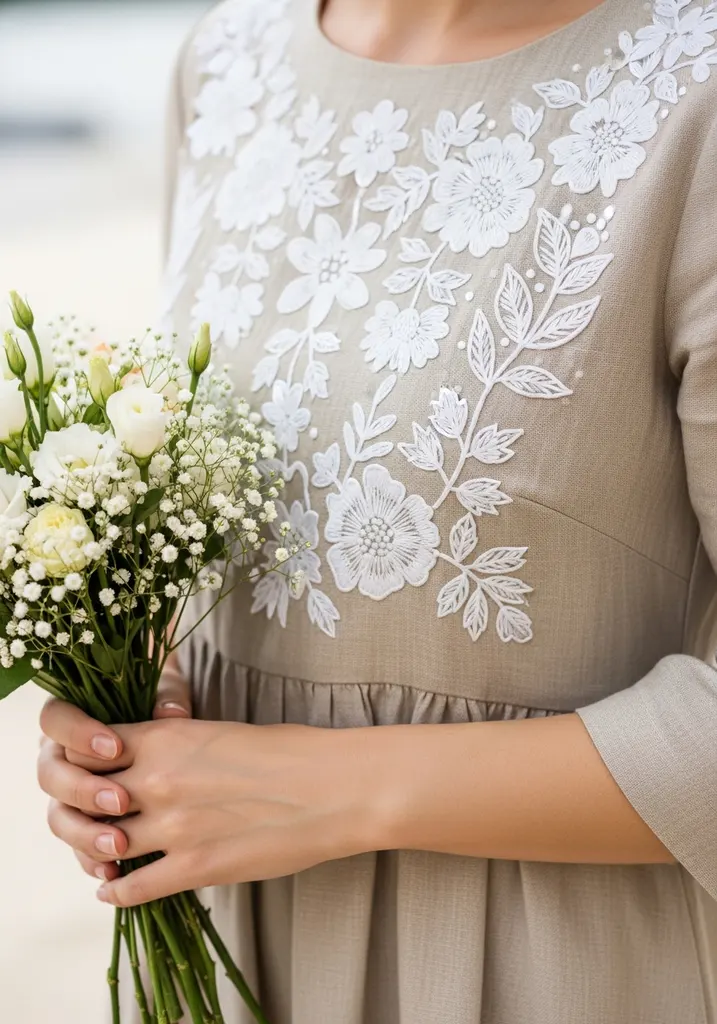 Close up of white floral embroidery on bodice of natural beige linen dress