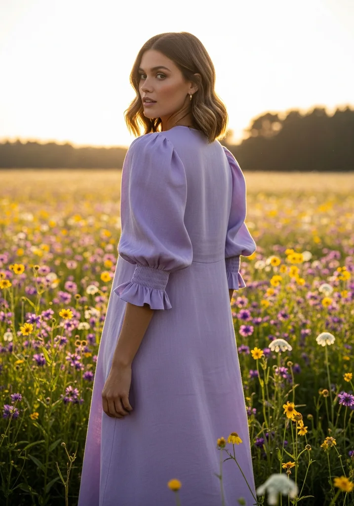 Woman in lavender linen midi dress with elegant puff sleeves in wildflower field