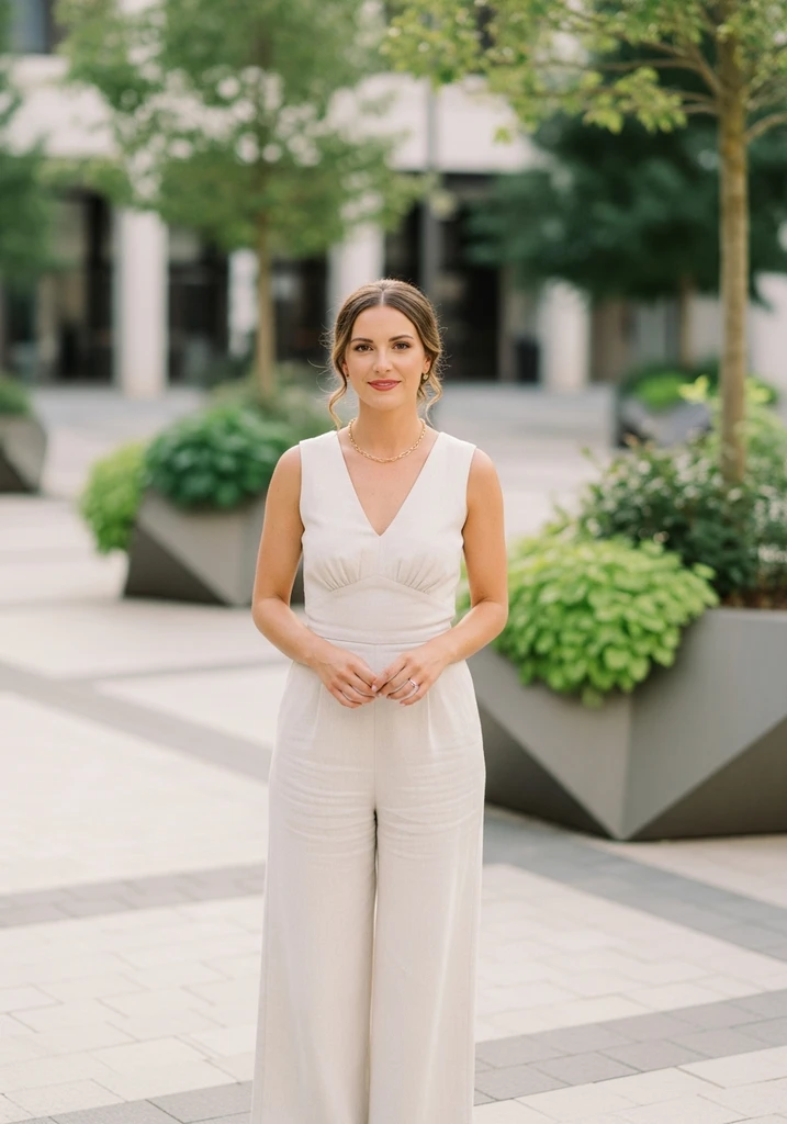 Woman in cream linen wide leg jumpsuit with V-neck in modern plaza