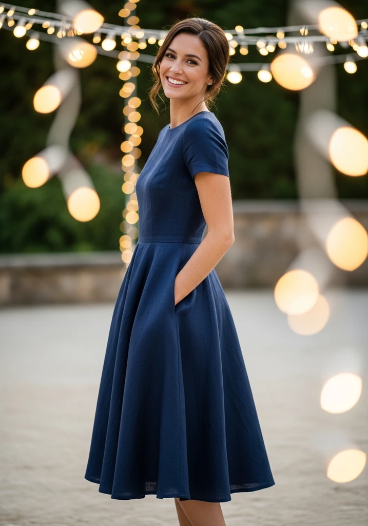Woman with hands in pockets of navy blue linen Tea-length A-line dress outdoors