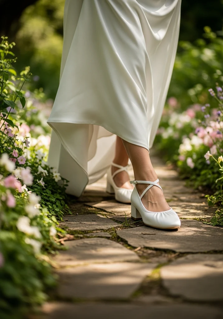 Top 17 Bridal Block Heel Shoes for Your Wedding Day 11 Bride wearing low block heel ballet flat in ivory satin.