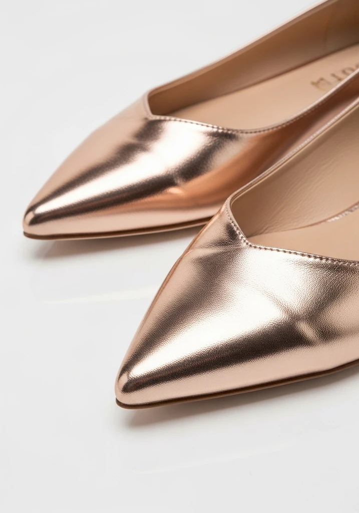 Rose gold metallic leather pointed toe flats, adding contemporary glamour to a bridal look.