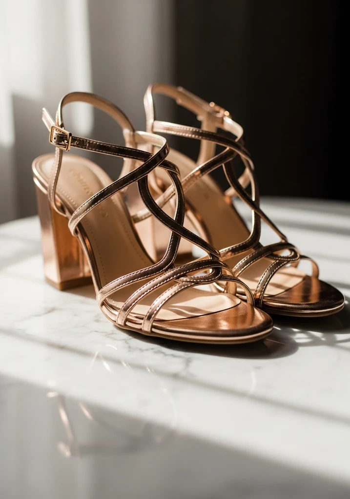 Top Block Heel Wedding Shoes for Comfort and Style 18 Metallic rose gold block heel sandals, adding warmth and modern romance.