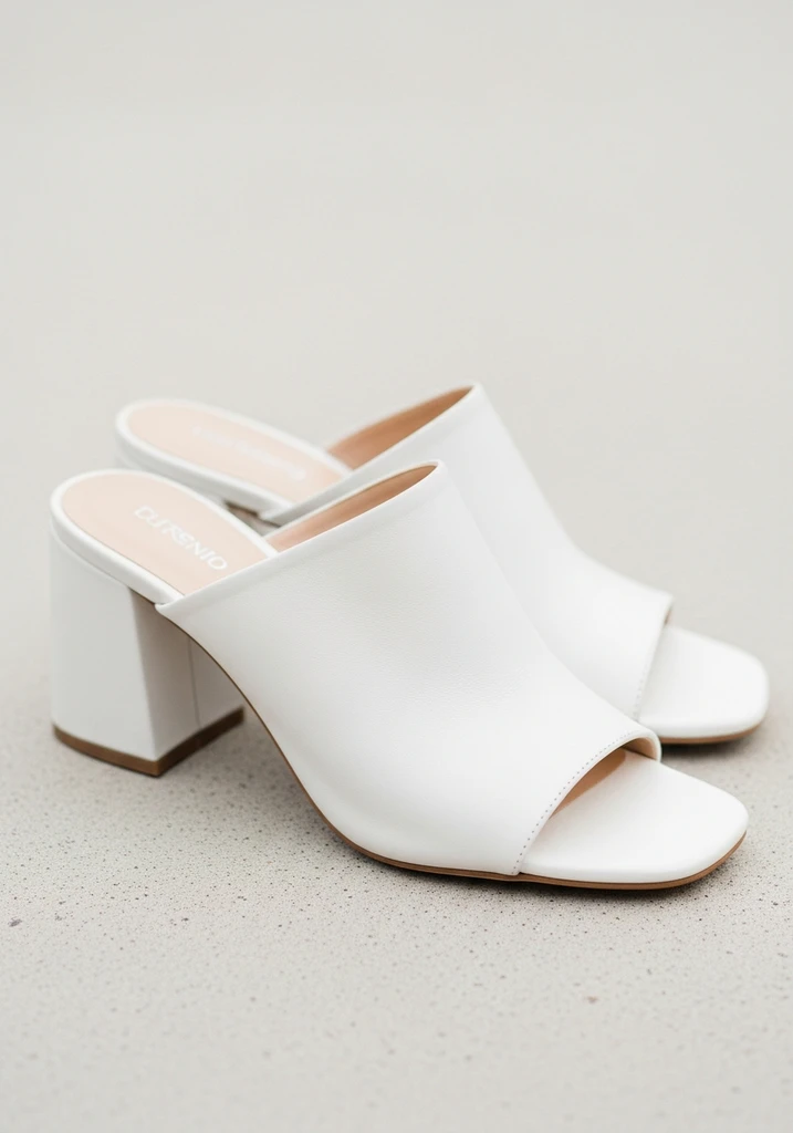 Top Block Heel Wedding Shoes for Comfort and Style 16 Minimalist white leather block heel mules for an effortlessly chic bridal look.