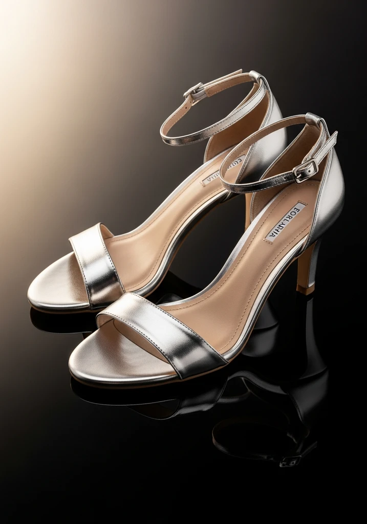 Silver metallic ankle strap sandals with stiletto heels