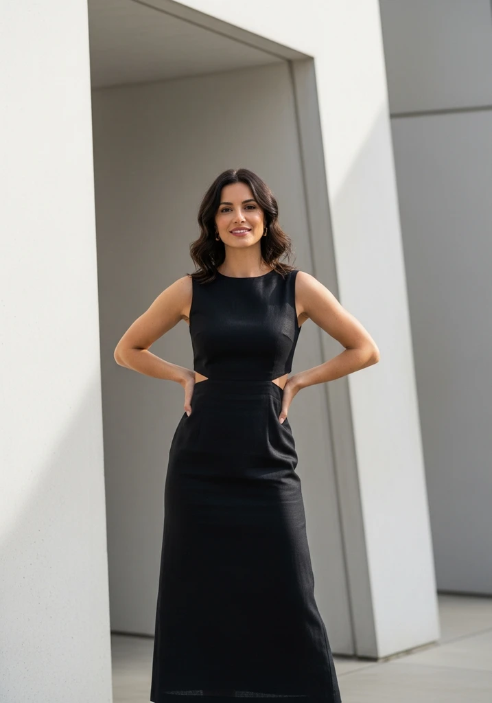 Woman in black linen midi dress with side cutouts against modern architecture