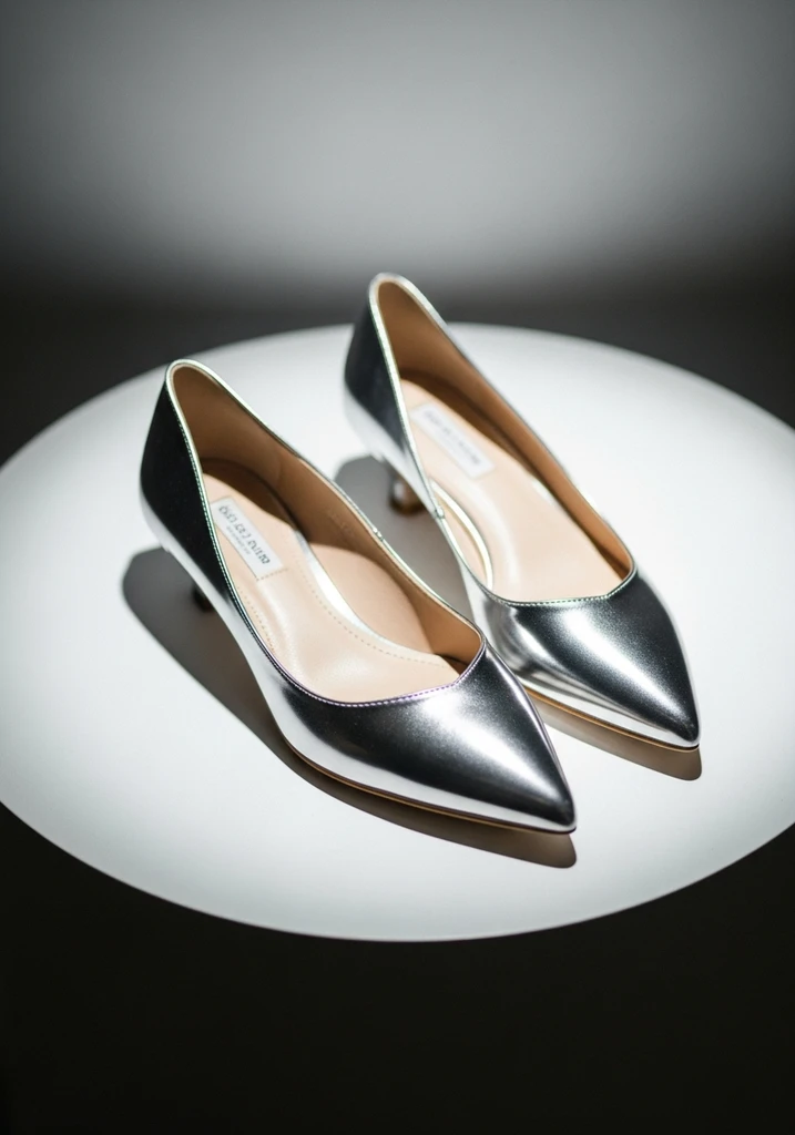 Modern metallic silver kitten heel flats.
